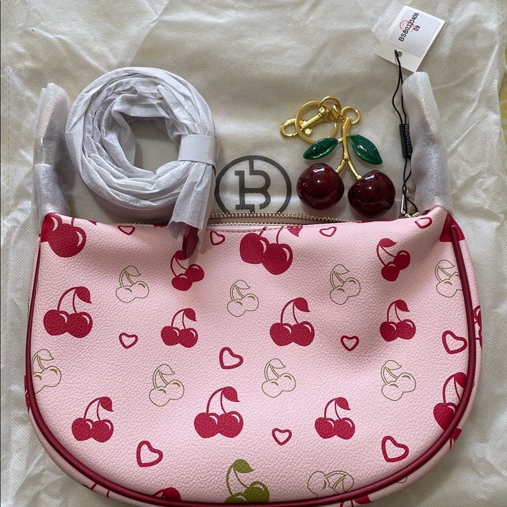 Bostanten Purse/Shoulder Bag Cherry Print Woven Leather Half Moon free Charm NWT